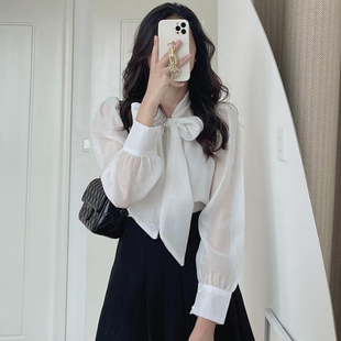 韩国chic甜美减龄立领蝴蝶结系带设计网纱微透泡泡袖衬衫上衣女