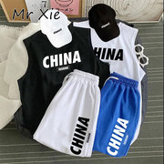 两件套装男夏季无袖t恤衫薄款宽松中国潮china学生篮球运动服套装