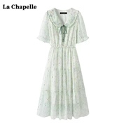 拉夏贝尔/La Chapelle娃娃领雪纺碎花连衣裙女夏季小清新绿色裙子