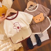 夏季儿童卡通可爱小熊t恤套装韩版男女童宝宝，短袖短裤亲子两件套