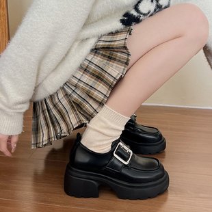 JK制服黑色小皮鞋女2024春季学院风粗跟单鞋圆头厚底英伦女鞋