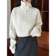 HXL韩系复古半拉链针织衫短款甜酷风蝙蝠袖圣诞高领毛衣女新年风