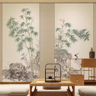 中式意境古风壁纸水墨竹影，书房背景墙纸壁布，卧室客厅茶室定制壁画
