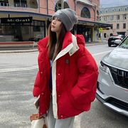 红色短款羽绒服女冬季2023韩版宽松高级感超好看面包服厚外套