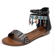 跨境亚马逊民族风罗马凉鞋，手工串珠后拉链民族波西米亚平底鞋