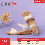 红蜻蜓坡跟妈妈凉鞋2023夏季真皮女鞋，舒适软底高跟鞋中老年鞋子女