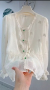 中式国风盘扣衬衫，女春季设计感重工刺绣衬衣，白色雪纺上衣开衫