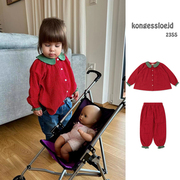 ins23春夏ks系列女童红色圆点，荷叶边可爱草莓长袖衬衫+长裤