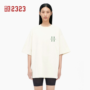 2323短袖t恤男奶白色，夏季数字字母刺绣小清新设计男女款体恤