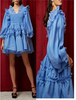 连衣裙女蓝欧根纱长袖，灯笼袖蓬蓬裙弹力，绣花荷叶边套头公主裙
