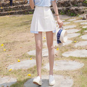 atar清货女通勤ol假两件百褶半身裙夏季蓝条拼接白色短裙子