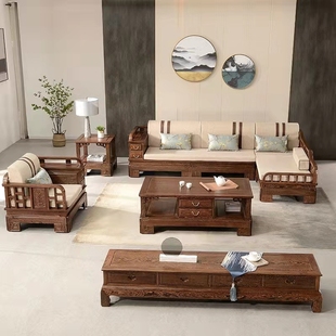 鸡翅木贵妃沙发转角现代l型实木软体小户型，客厅新中式红木家具