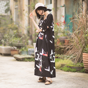 定制款中国风复古仙鹤袍子连衣裙，原创设计亚麻，夏季显瘦大码长裙