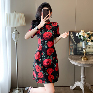 复古红色玫瑰花民国风改良旗袍连衣裙女夏季收腰显瘦气质短裙