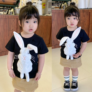 可爱立体动物小兔子衣服女童t恤短袖夏装纯棉，宝宝上衣洋气母女装