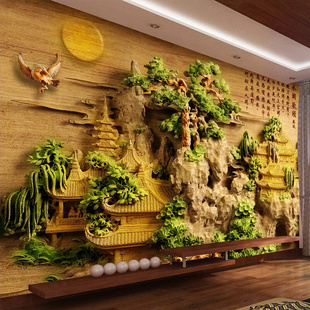 竹木纤维集成墙板电视，背景墙客厅沙发护墙板，立体浮雕山水装饰画