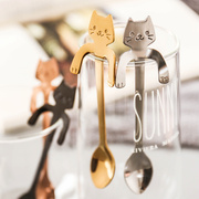 创意 304不锈钢咖啡勺子卡通猫手柄甜品勺猫咪可悬挂勺子搅拌勺