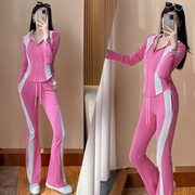 粉色休闲运动服套装女2024春秋修身减龄撞色盐系轻熟两件套装