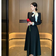 高个子(高个子)女装秋冬法式名媛中长款裙子礼服，小香风黑色长袖气质连衣裙