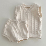 韩国进口婴幼童装时尚洋气，薄款针织马甲背心短裤套装peekaboo