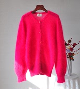 日本原单超柔软100%马海毛，玫红色毛衣安哥拉山羊毛衫开衫外套上衣