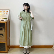 自制豆绿色日系小个子衬衫裙女学生夏季森系气质甜美蜜瓜绿连衣裙