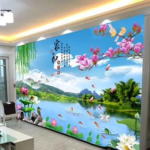 新中式山水风景壁画客厅，沙发电视背景，自粘墙贴卧室防水墙上装饰画