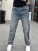 阔腿牛仔裤男夏季黑白条纹，宽松弹力蓝色休闲裤子，青年小直筒裤