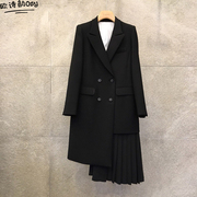 2024韩版宽松显瘦黑色小西装，外套女中长款时尚气质拼接百褶西服潮