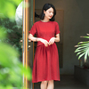 g21s-050诗与花北京瓷片，高端复古文艺圆领，短袖抽带红色连衣裙