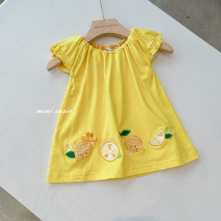 100-130日系高端童装女童黄色刺绣柠檬短袖上衣裙