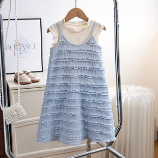 女童春夏季韩版气质蓝色，背心+吊带裙套装，2024时髦甜美连衣裙