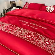 新中式婚庆四件套结婚床上用品，床单被套大红色，龙凤刺绣百子图婚房