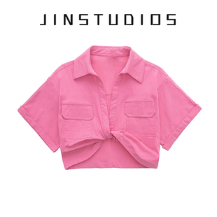 JIN自制设计感个性结饰显白显瘦粉色短袖衬衫深V套头百搭宽松上衣
