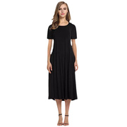 2024欧美夏季女装亚马逊Ebay跨境圆领短袖纯色大摆连衣裙