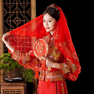 红盖头秀禾服新娘结婚红色头纱婚纱中式中国红复古喜庆蕾丝蒙头