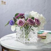 透明浮雕玻璃花瓶水培白掌花盆，鲜花方缸客厅插花摆件，多肉绿植花器