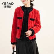 娅丽达冬季女上衣时髦红色小香风，短款仿皮草，外套洋气复古时尚上衣