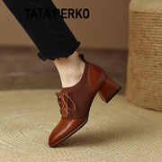 tataperko联名复古系带单鞋女通勤舒适高跟鞋粗跟深口罐罐鞋