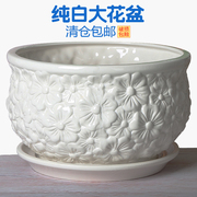 白色陶瓷花盆大口径特价特大号清仓带托盘简约多肉盆栽绿萝花盘