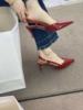 红色高跟鞋女鞋子2023年法式晚风，配裙子尖头浅口细跟婚鞋凉鞋