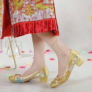 中式婚鞋红金色龙凤，绣花婚鞋传统旗袍裙，褂秀禾服新娘结婚粗跟女鞋
