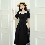 法式小香风黑色假两件连衣裙女夏季2023高级感显瘦翻领小黑裙