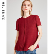 海兰丝2021夏季气质圆领，套头红色上衣洋气，不规则短袖雪纺衫女
