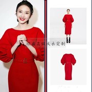 高级定制唐艺昕同款红色灯笼袖连衣裙，女修身一步裙时尚气质春夏新