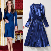凯特王妃法式v领金丝绒礼服，蓝色系带收腰大摆长袖连衣裙2024