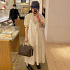 韩国chic夏季圆领宽松泡泡袖衬衫，+镂空蕾丝，钩花吊带连衣裙套装女