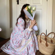 范雯雯 蔷薇花园 法式复古少女公主蕾丝甜美长袖碎花中长款连衣裙