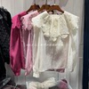欧洲站2024早春女装衬衫设计感减龄纯色刺绣娃娃领泡泡袖上衣
