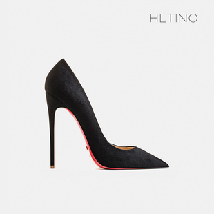 hltino2024年春季黑色，高跟鞋12cm细跟性感，尖头夜店绒面鞋子女